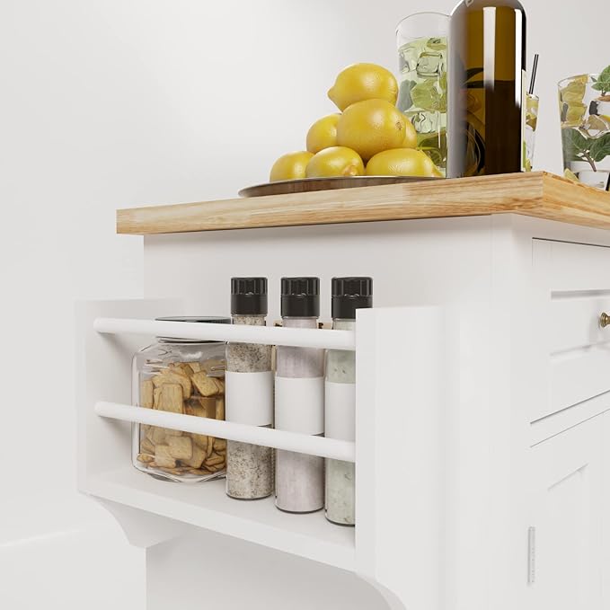 SogesHome Kitchen Island Cart with Storage Kitchen Cart Sideboard and Buffet with Wheels Bar Cart with Large Countertop, with Towel Holder and Spice Rack, 2 Drawers, 2-Door Cabinets, White&Maple