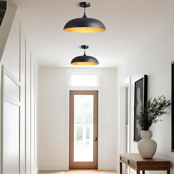 18inch Black and Gold Large Pendant Light, Farmhouse Adjustable Metal Hang Lamp, Vintage DomeCeiling Hanging Light Fixture, Industrial Lighting Fixture for Kitchen Entryway Restaurant Dining Room