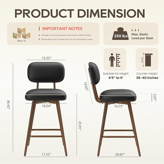 MALOL 26“ Swivel Bar Stools Set of 6, Mid Century PU Leather Counter Height Bar Chairs with Low Back and Metal Legs, Modern Bar Stool Chair for Kitchen Island, Black