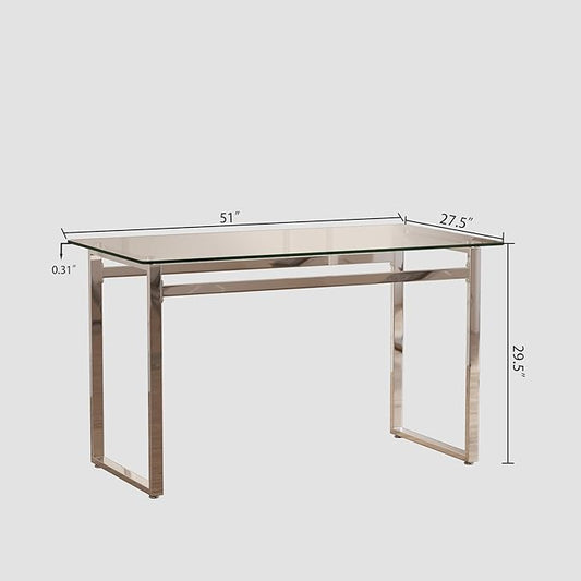 Goujxcy Glass Dining Table Modern 51'' Rectangle Kitchen Table for 4 with Tempered Glass Tabletop and Metal Legs for Kitchen, Dining Room, Restaurants (Silver)