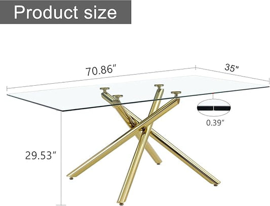 71” Glass Dining Table, Large Dining Table for 6–8 People with 0.4" Thick Tempered Glass Top, Modern Kitchen Table with Gold Metal Leg for Kitchen Dining Room