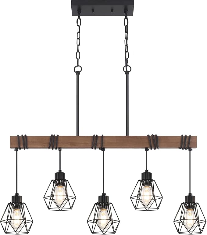 5-Light Kitchen Island Lighting, Farmhouse Chandelier for Dining Room Rustic Wood Ceiling Pendant Light Fixture with Metal Shade, Height Adjustable