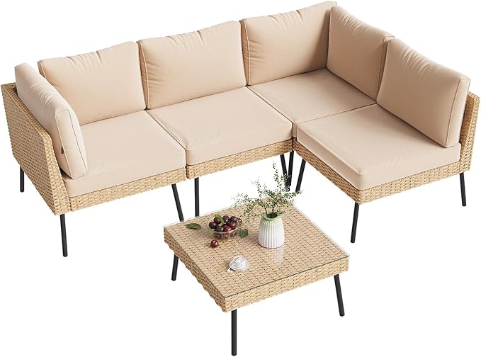 Aoxun 5-Piece Patio Furniture Set, Wicker Outdoor Furniture with Water Resistant Thick Cushions, Patio Conversation Set Outdoor Sectional Sofa with Coffee Table for Backyard Poolside, Beige