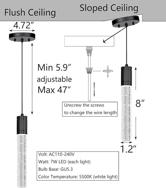 HAIXIANG Set of 2 Pendant Lights for Kitchen Island, White Light, Black Crystal Linear Pendant Lighting, Bar Corner LED Light Fixture