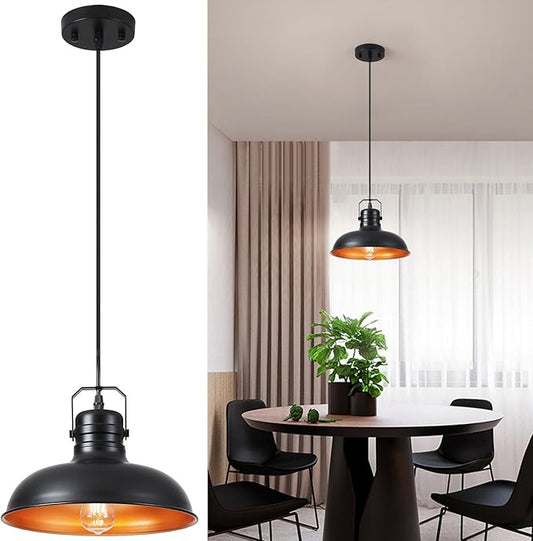 Industrial Pendant Light, 10.5 Inch Farmhouse Small Black and Gold Chandelier, Vintage Hanging Light Fixture with 71'' Height Adjustable Cord for Kitchen Island, Dining Room, Bedroom - 1 Pack