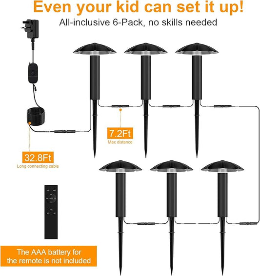 6-Pack Low Voltage Pathway Lights Kit: 24V Plug-in Landscape Lighting kit with Remote/Dusk to Dawn, 3W 3000K, IP65 - All-in-One Set, Easy DIY Install