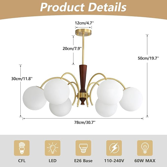 KCO Lighting 6 Light Gold Sputnik Light Fixture Vintage Brass Milk Glass Chandelier White Globe Pendant Lights Kitchen Island Modern Farmhouse Chandeliers for Dining Room