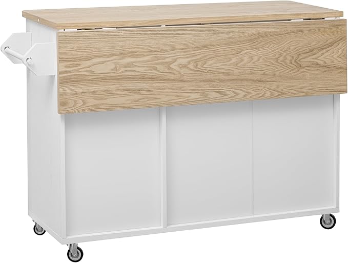 Merax 51" Kitchen Island on Wheels, Rolling Kitchen Island with Drop Leaf, Internal Storage Rack, Towel Rack for Dining Room House Bar, White