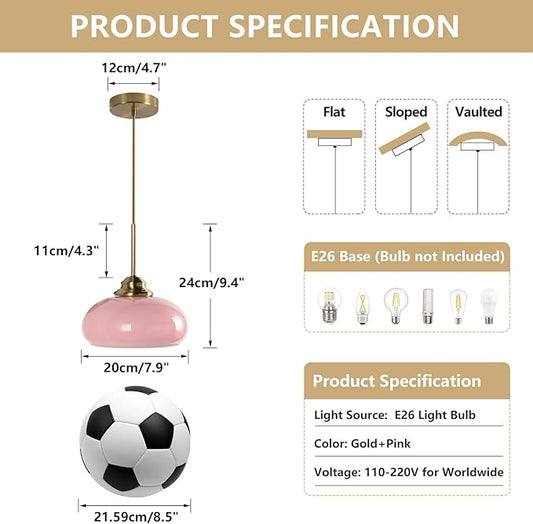 KCO Lighting Retro Pink Kitchen Pendant Light Mid Century Gold Hanging Light Vintage Dome Glass Pendant Light Small Globe Hanging Lights