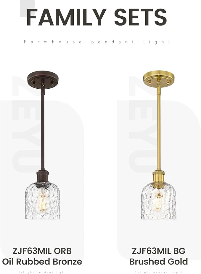 zeyu Farmhouse Hanging Light Fixture, Kitchen Island Pendant Lights, 1-Light Adjustable Hanging Light with Clear Hammered Glass, Oil Rubbed Bronze Finish, ZJF63MIL ORB