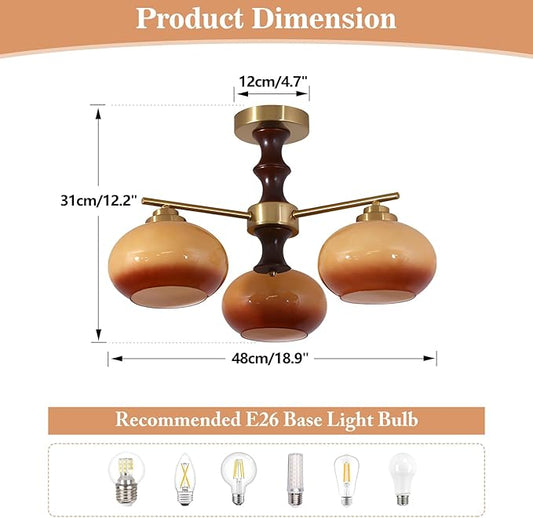 KCO Lighting 3 Light Glass Semi Flush Mount Ceiling Light Antique Brass Hallway Ceiling Light Fixtures Gold Sputnik Chandelier Light Fixture