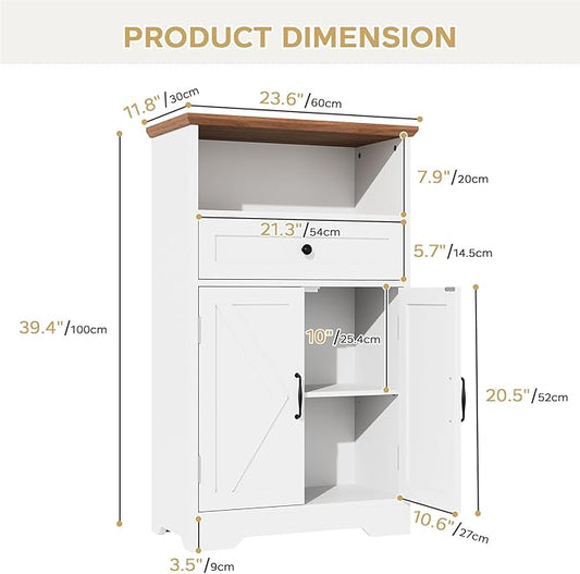 Floor Cabinet, Farmhouse Storage Cabinet with Barn Doors and Drawer, Freestanding Adjustable Shelf Organizer for Bathroom, Kitchen, Living Room White