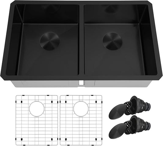 Double Bowl Black Kitchen Sink 31" X 18",50/50 Double Bowl Undermount Kitchen Sinks,16 Gauge Stainless Steel Undermount Black Sink
