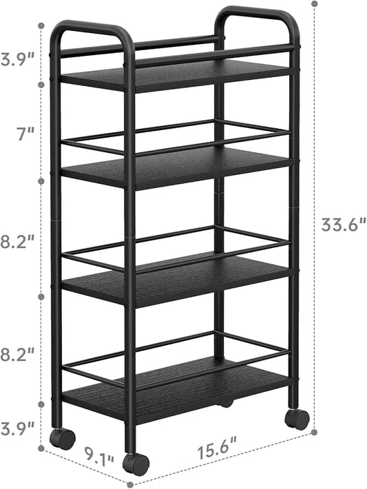 Asgolion Slim Storage Cart, 4-Tier Small Rolling Cart with Wheels, 9.1" Deep, Narrow Bathroom Shelf Trolley for Kitchen, Bathroom, Laundry Room, Black Large 4-Tier (9.1" W x 33.6" H)