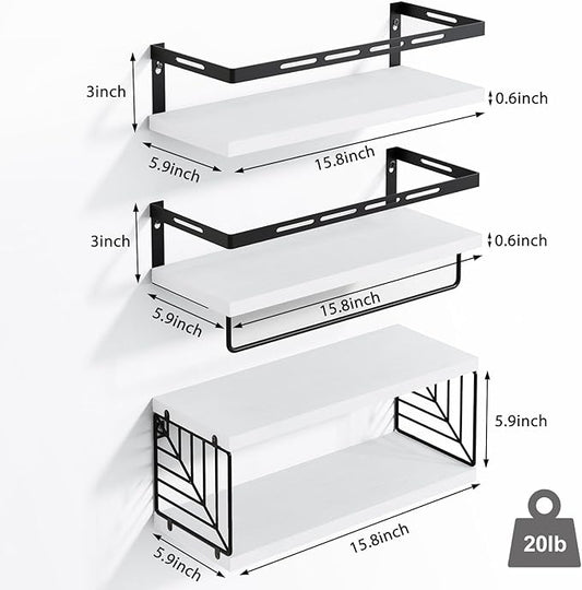 Fixwal Wall Mounted Bathroom Shelves Over Toilet, Rustic Wood Floating Shelves with Metal Frame and Towel Bar for Bathroom, Kitchen, Bedroom, Living Room (White)