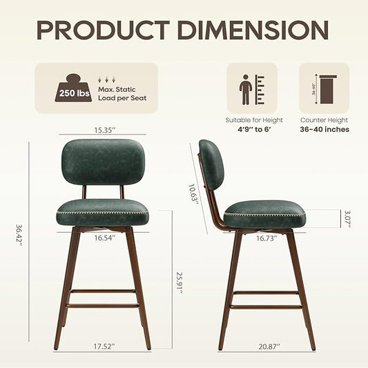 MALOL 26“ Swivel Bar Stools Set of 3, Mid Century PU Leather Counter Height Bar Chairs with Low Back and Metal Legs, Modern Bar Stool Chair for Kitchen Island, Green
