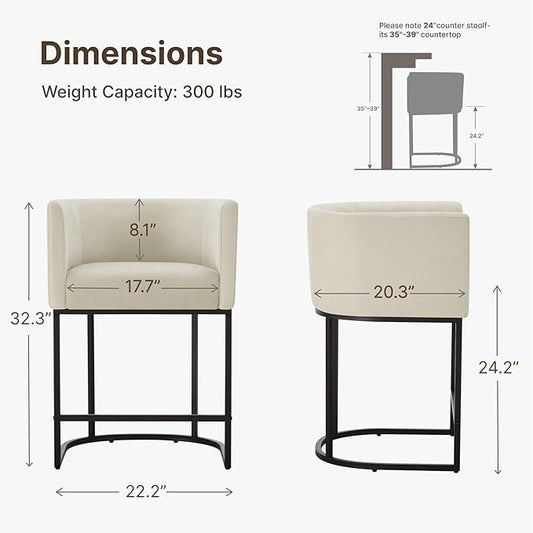24" Counter Height Bar Stools Set of 4, Modern Barrel Counter Stools with Backrest and Arms, Fabric Upholstered Accent Barstools with Metal Legs for Kitchen Island,Sand