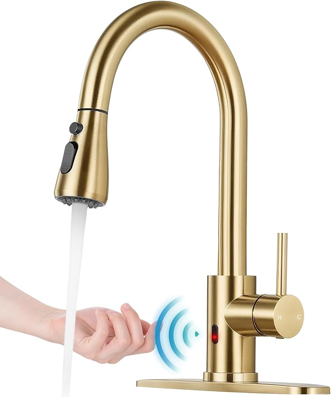 Touchless Kitchen Faucet with Pull Down Sprayer - Brushed Gold Single Handle Kitchen Faucets, High Arc Stainless Steel Pull Out Kitchen Sink Faucet with Deck for RV Laundry Farmhouse Bar