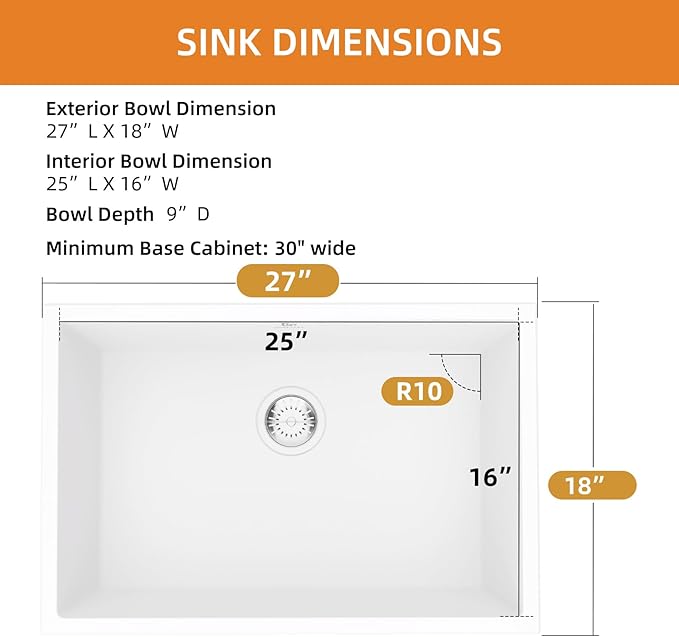Quartz Kitchen Sink, 27 Inch White Undermount Kitchen Sinks, Deep Single Bowl Granite Composite Sink, Modern Sinks Providing Complete Accessories, Spacious Workspace and Easy Cleaning