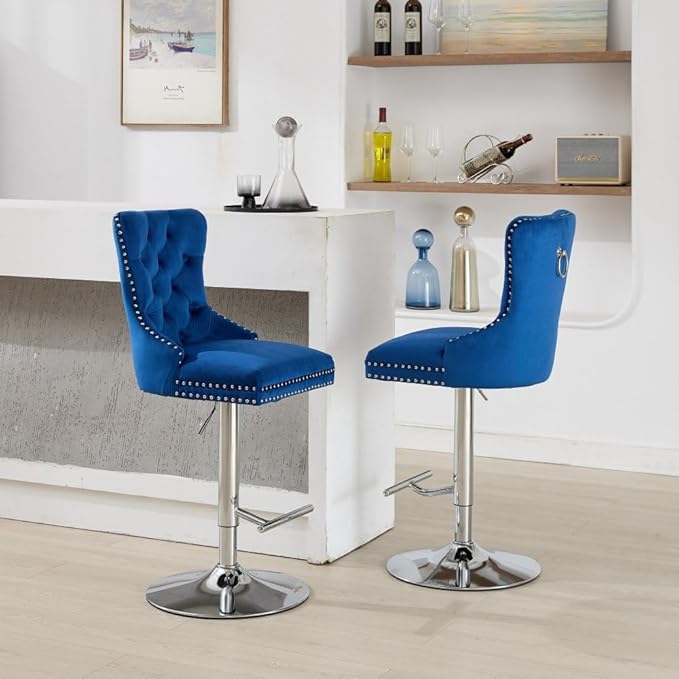 Set of 2 Thick Chrome Swivel Velvet Barstools,Adjustable 25-33" Height,with17.7 Base,Sponge&Spring Seat,for Home Pub&Kitchen Island(Blue) (Blue + Velvet + Foam)