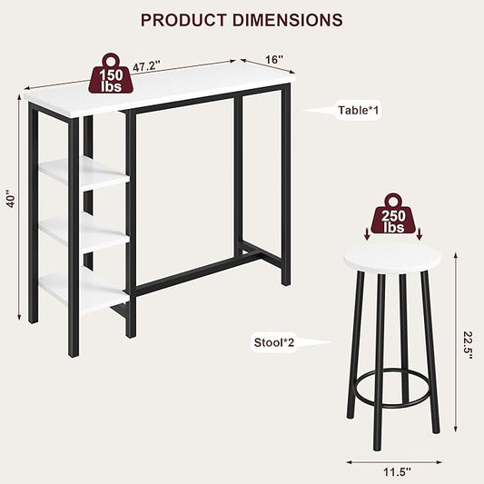 Amvove Bar Table and Chairs Set for 2, Kitchen Island with Storage Shelves Kitchen Table with 2 Bar Stools Counter Height Dining Table Set Breakfast Nook for Small Space & Kitchen,High Top Table
