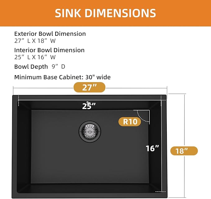 27-inch Granite Composite Kitchen Sink, GABETLET Undermount Quartz Kitchen Sinks with Spacious Workspace and Easy Cleaning, Black Single Bowl Deep Sink with Complete Accessories