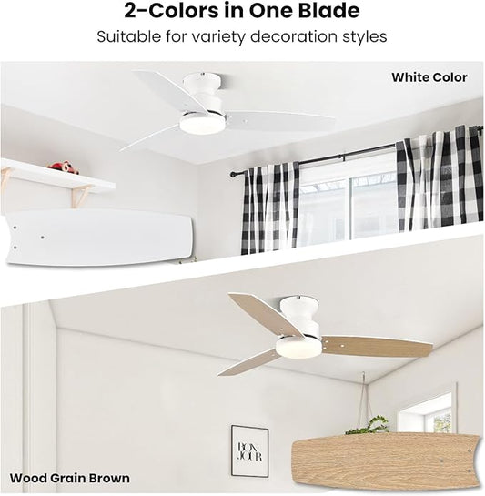 42 Inch Ceiling Fans with Lights and Remote, Bedroom Living Room Office, Flush Mount, 3CCT Dimmable, Dual Color 3 Blades 6 Speed Reversible Quiet DC Motor, White/Wood Grain, 2 Pack