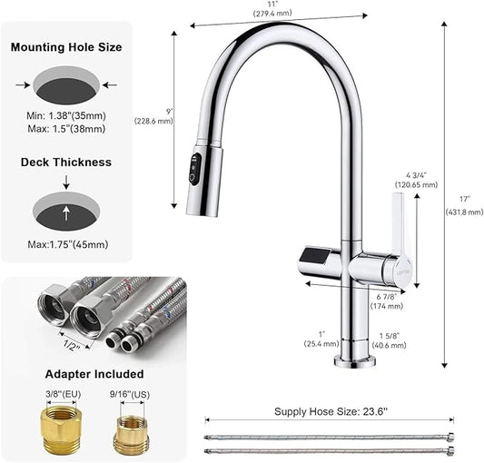 Lefton Touchless Pull-Out Kitchen Faucet, Hands Free Motion Sensor Activated, Battery-Free Temperature Display, KF2206 (Contemporary, Chrome)