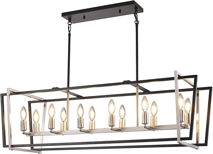 WJShome Dining Room Light Fixture/Chandelier Over Table, 12-Light Kitchen Island Lighting, 40" Hanging for Farmhouse Linear Chandeliers Modern Black and Brushed Nickel Ceiling Pendant Light Fixtures