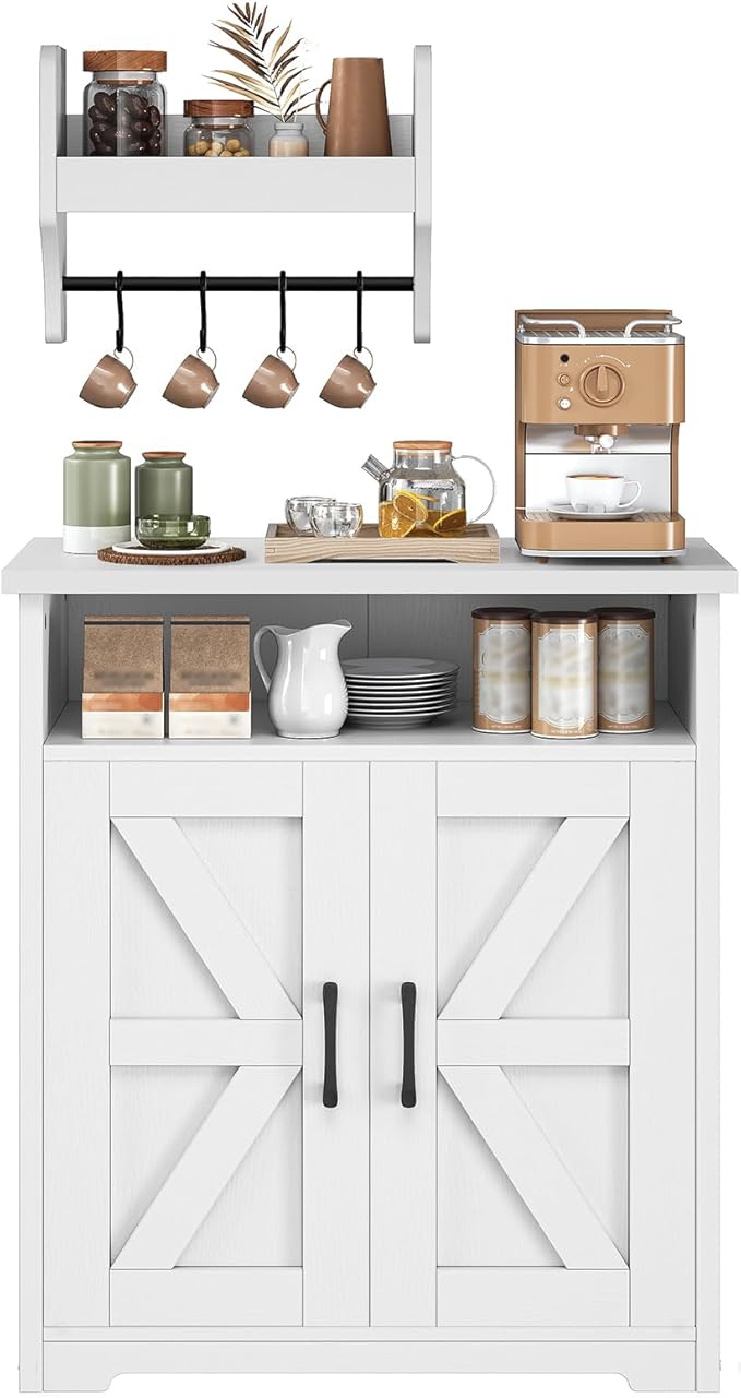 YATINEY Coffee Bar Cabinet, Kitchen Island with Storage, Farmhouse Sideboard Buffet Cabinet with Dual-Purpose Floating Shelf and Hooks, for Kitchen, Restaurant, Living Room, White KF22WT