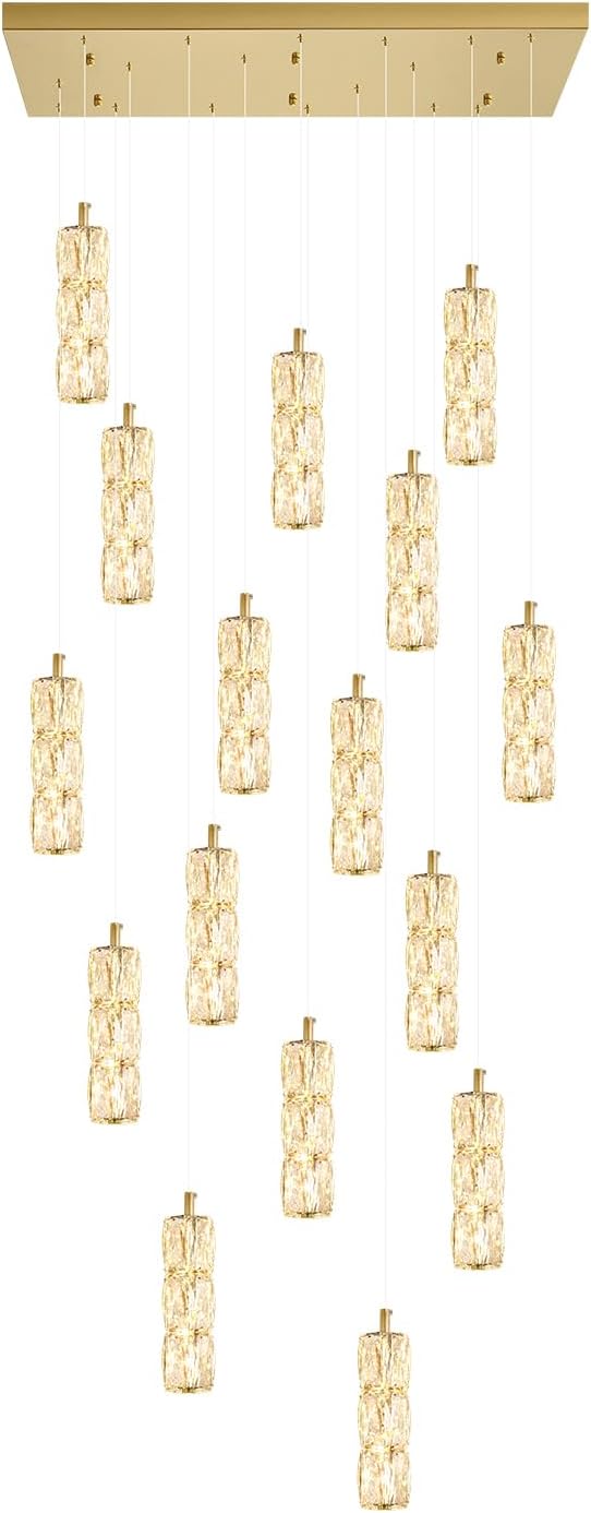 ykolupty Modern Rectangle Chandelier 16-Lights Crystal Chandeliers LED Dimmable Gold Linear Chandelier Flush Mount Crystal Pendant Light for Living Room Dining Room Foyer