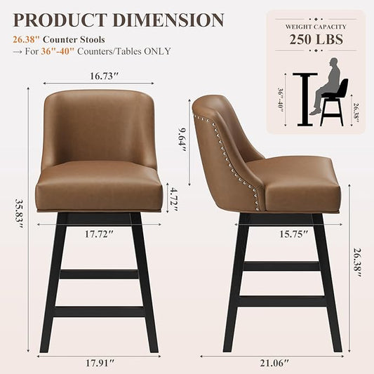 MALOL Swivel Bar Stools, 27" Counter Height Kitchen Stools with Padded Seats and Solid Wood Legs, Leather Barstools for Kitchen Island, Breakfast Nook (Brown)