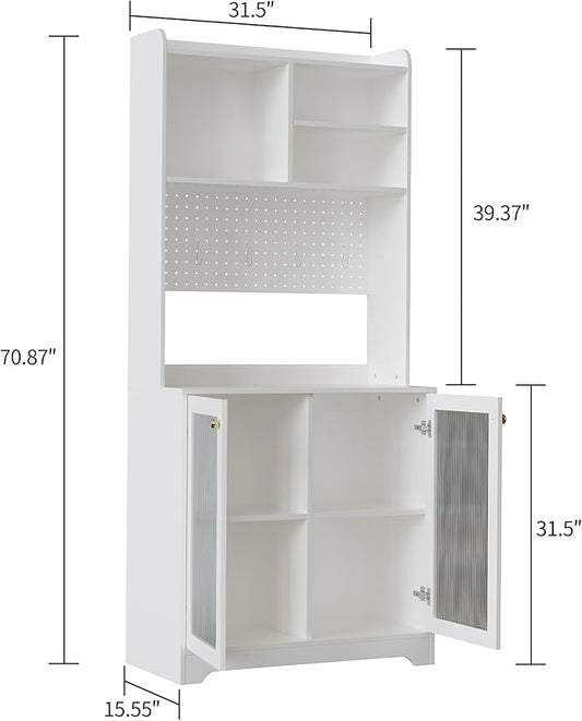71" Kitchen Pantry Cabinet with Double Glass Doors and Pegboard, Wooden Cabinet with Open Shelves and Countertop,Kitchen Hutch with Storage for Dining Room or Living Room, White