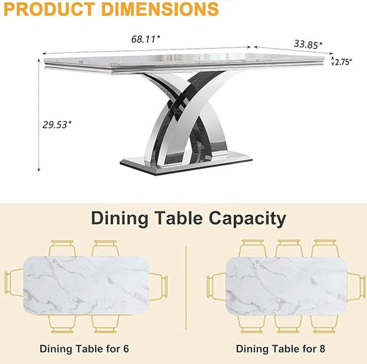 Modern Marble Dining Table for 4-6,White Dining Room Table with Silver X Stainless Steel Base,68" Rectangle Faux Marble Kitchen Table for 4-6 People,Luxury Dining Table for Living Room Home Office