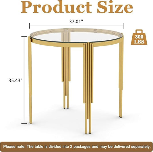37" Round Bar Table for 2 4, Modern High Pub Table with Clear Tempered Glass Top and Polished Gold Stainless Steel Legs, Counter Height Table for Kitchens, Apartments, and Small Spaces
