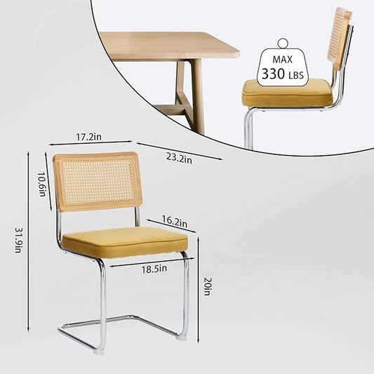 Rattan Back Dining Chairs Set of 2, Breuer Design Modern Upholstered Dining Room Chairs with Steel Frame for Dining Room, Kitchen Island,Velvet(Gold)