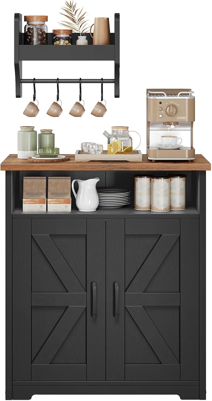 YATINEY Coffee Bar Cabinet, Kitchen Island with Storage, Farmhouse Sideboard Buffet Cabinet with Dual-Purpose Floating Shelf and Hooks, for Restaurant, Living Room, Rustic Brown KF22BR