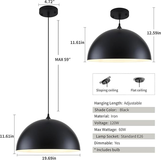 Large Pendant Lights Kitchen Island, 19.7 Inch Black and White Dome Pendant Light,Black Farmhouse Pendant Light, Modern Industrial Kitchen Pendant Lighting Over Island, Dining Room, 2 Pack