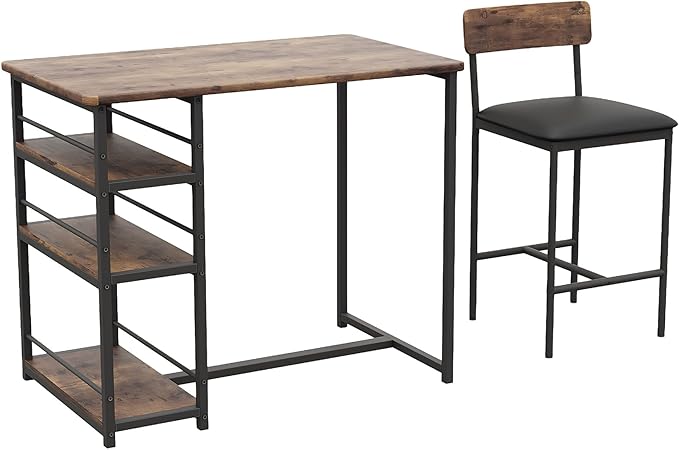 Takywep Dining Table Set for 2 with 3 Large Storage Shelves, Kitchen Table and Chairs for 2 with Pu Cushion Chairs & Thick Wood Top, 3 Piece Dining Table Set for Small Space, Apartment, Brown