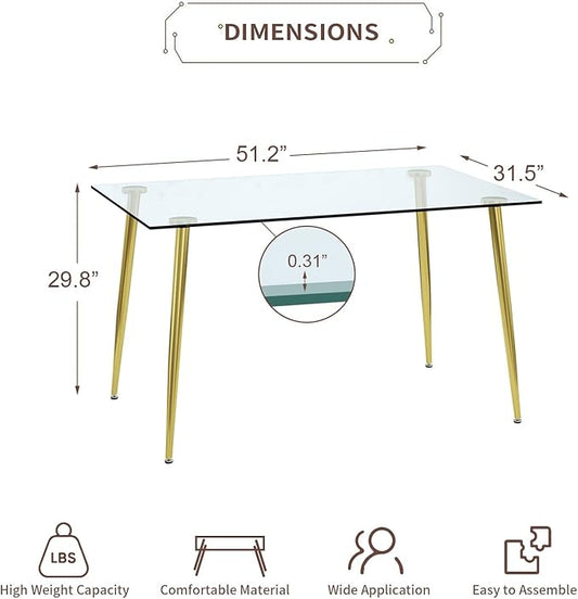 Glass Dining Table for 4 with 51 inch Clear Tempered Glass Top, 0.31" Modern Rectangular Glass Kitchen Table Furniture with 4 Golden Plating Metal Legs for Home Kitchen Room