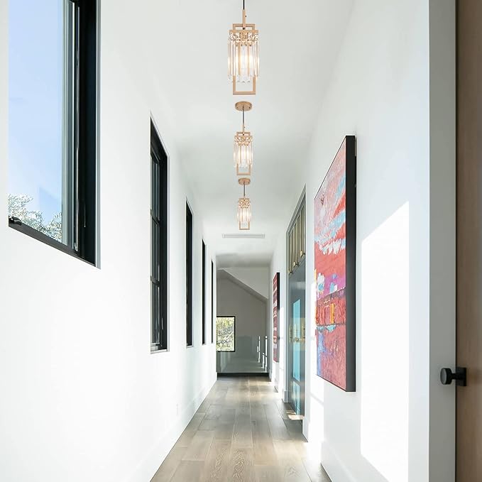 Modern Gold Pendant Light Fixtures for Kitchen Island and Dining Room, Industrial Small Hanging Crystal Chandelier Light Fixture for Bedroom Entryway Living Room Foyer Hallway 1-Pack