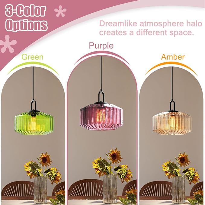 Mid Century Modern Pendant Light fixtures Glass Globe Pendant Lights with Hand Blown Purple Glass Shade Vintage Hanging Pendant Light for Dining Room Kitchen Ceiling Hanging Light