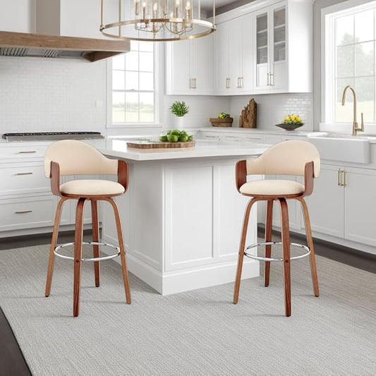 Armen Living Daxton Mid Century Modern Swivel Bar Stool for Kitchen Island Counter in Cream Faux Leather and Walnut Wood, 26" Seat Height