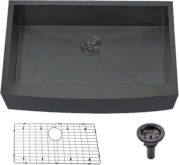 Comllen Commercial 33 inch 304 Stainless Steel Farmhouse Sink, Single Bowl Kitchen Sinks 16 Gauge 9 Inch Deep Handmade Undermount Farm Apron Front Kitchen Sink, Gunmetal Black
