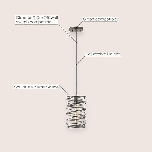 JONATHAN Y 7.25" Antique Silver Modern Iron Spiral LED Pendant Light for Kitchen Island, Glam Hanging Ceiling Fixture for Bedroom Dining Room, Metal Painting Shade, LED Bulb Included (JYL7910C)