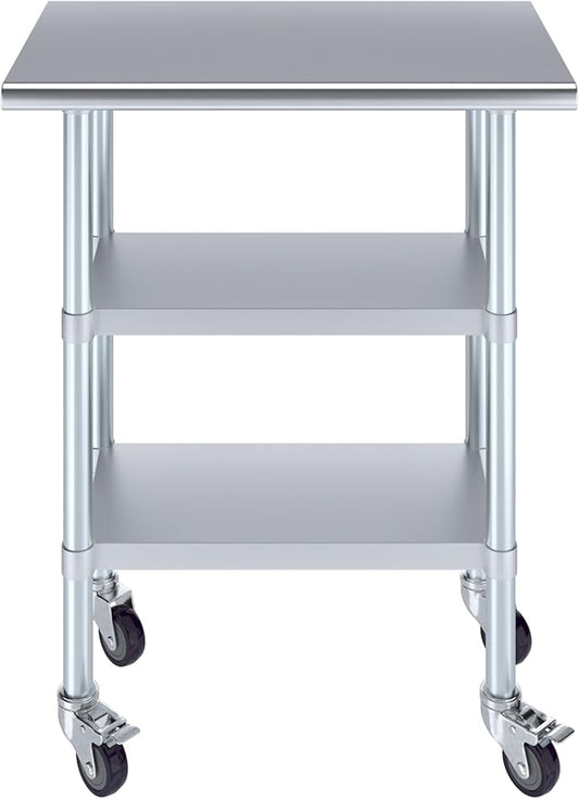 Stainless Steel Work Table with 2 Shelves and Casters | Kitchen Island Food Prep | Laundry Garage Utility Bench | NSF Certified (30" Long x 18" Deep)
