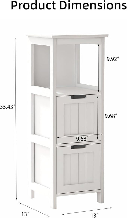 Casaphoria 2-Drawer Bathroom Floor Cabinet, Wooden Storage Organizer with Side Rack, Freestanding Stand Table for Bathroom, Hallway, White