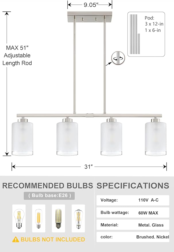 Doraimi Lighting 4 Light Modern Indoor Hanging Kitchen Island Light Gold Finish Clear Frosted Glass Chandelier Shade for Bar Dining Room Kitchen Island Over Sink