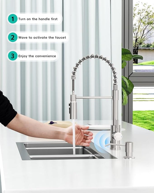 Touchless Spring Kitchen Sink Faucet with Pull Down Sprayer, Motion Sensor Touch on Faucets for Kitchen Sink, 360° Swivel Spout, Stainless Steel