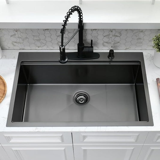30x19 Black Drop In Kitchen Sink with Faucet Combo - 30 Inch Single Bowl Drop In Sinks 10 Inch Deep, Black Stainless Steel Topmount Workstation Kitchen Sink with Accessories